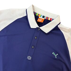 PUMA Polo Shirt Mens 2XL Blue White Rainbow Trim Sport Lifestyle Performance